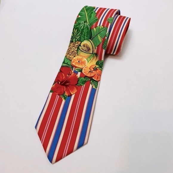 Vintage KENZO Paris Silk Tie Striped Large Fruit Print Red White